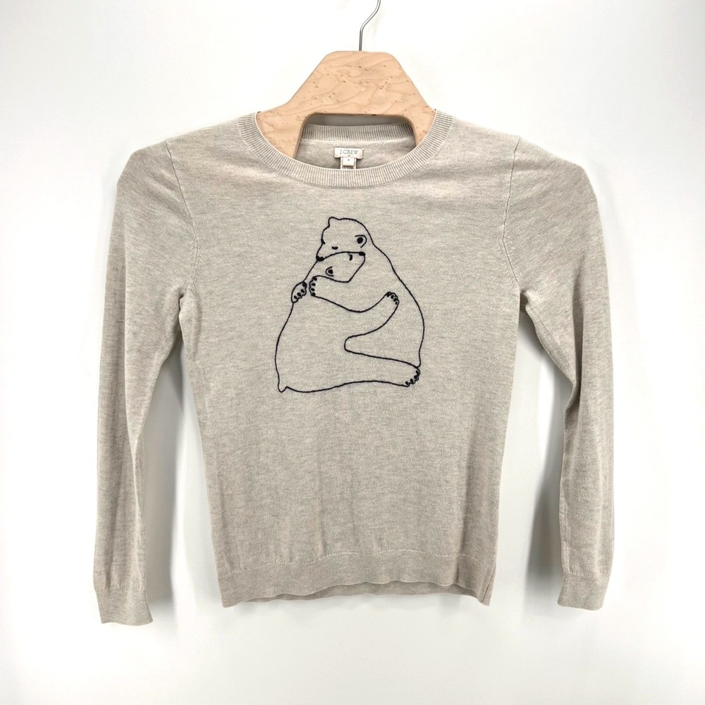 J Crew Polar Bear Hug Embroidered Sweater Size M Cotton Wool Beige Winter Preppy